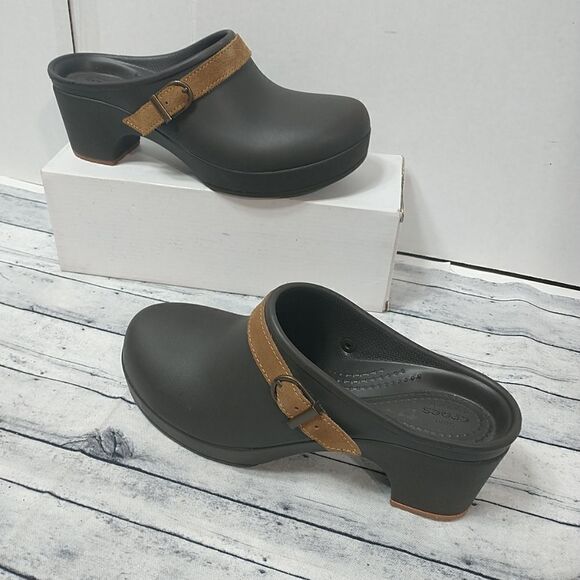 CROCS Sarah Belted Clogs 203631 Womens SZ8 Brown Leather Strap - Picture 3 of 12